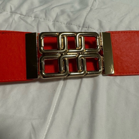 Y2K Gold Geometric Wide Stretch Belt New York & Co Interlock L/XL Orange 90s - Picture 12 of 14
